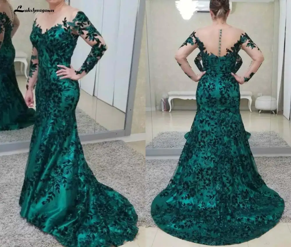 Hunter Green Mermaid Mother of the Bride Dresses Long Sleeves Applique