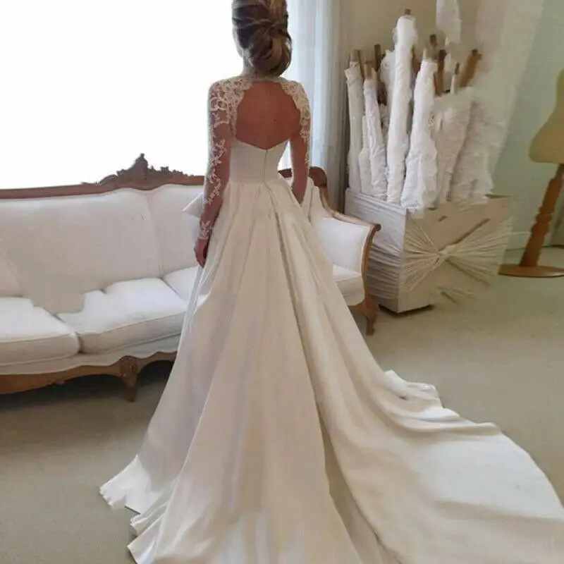 DREAM Long Sleeves Vintage Wedding Dresses 2022 Sweep Train Lace Satin Open Back Bride Dress Elegant Vestido De Novia