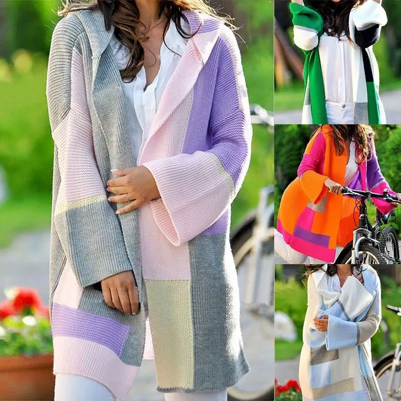 

Fall And Winter Women Loose Plus Size Knitted Long Cardigan Long Sleeve Hooded Sweaters Cardigans Plaid Print Sweaters Cardigan