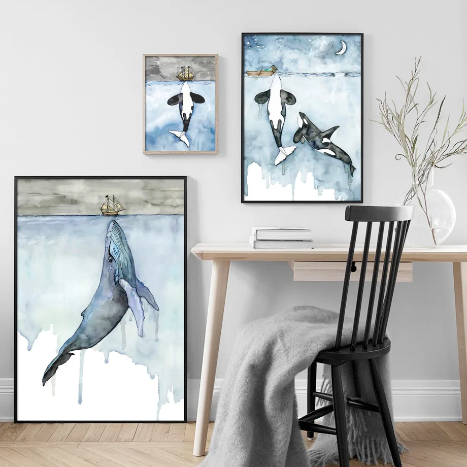 

Whale Sea Boat Moon Cartoon Wall Art Print Canvas Painting Nordic Canvas Posters And Prints Wall Pictures Baby Kids Room Decor