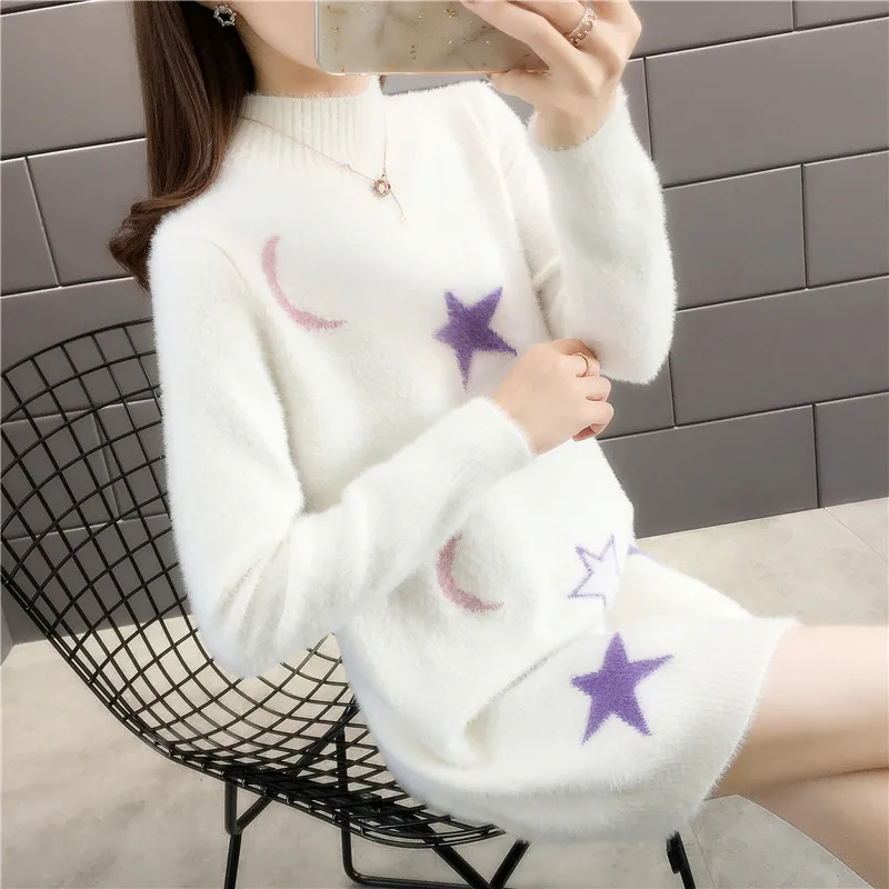 Stretch Knitted Pullover Sweater Women Loose Mid-Long Imitation Mink Cashmere Thick Clothes Female 2021 Autumn Winter New Tops | Женская
