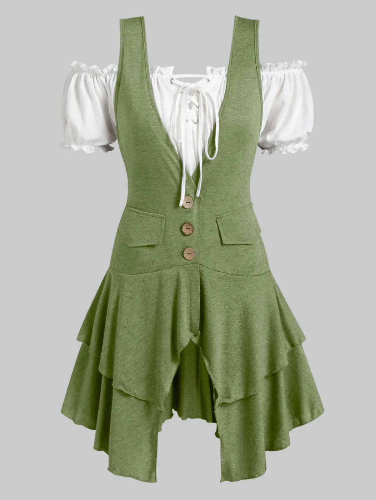 Dark Sea Green ROSEGAL размера плюс блузка с открытыми плечами и многослойная майка с глубоким вырезом, комплект с оборками, кружевная длинная рубашка, топ с коротким рукавом из двух частей - Цвет: Dark Sea Green
