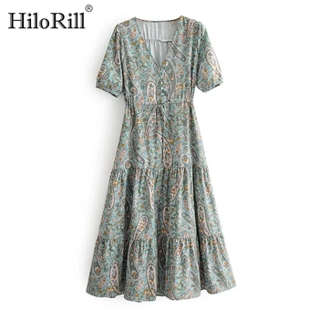 

Bohemian V Neck Summer Midi Dress 2020 Women Short Sleeve Casual Long Dresses Ladies A Line Split Vintage Dress Beach Sundress