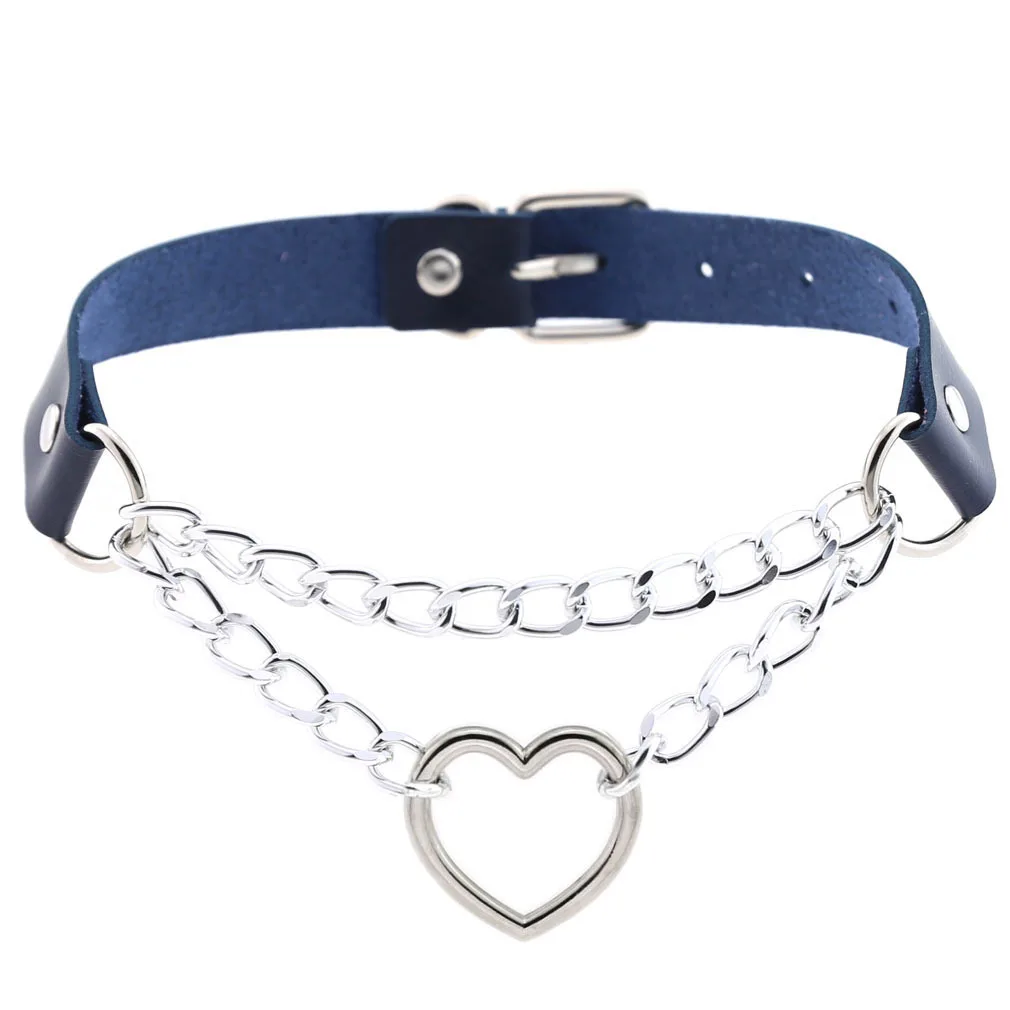 2021 Fashion Punk Blue Leather Choker Necklace Multilayer Heart Round Chocker Sexy Collar E Girl Women Necklace Gothic Jewelry 