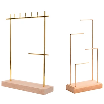 

2Pcs Earrings Display Holder Necklace Pendant Display Stand Jewelry Display - Wood Color & Gold