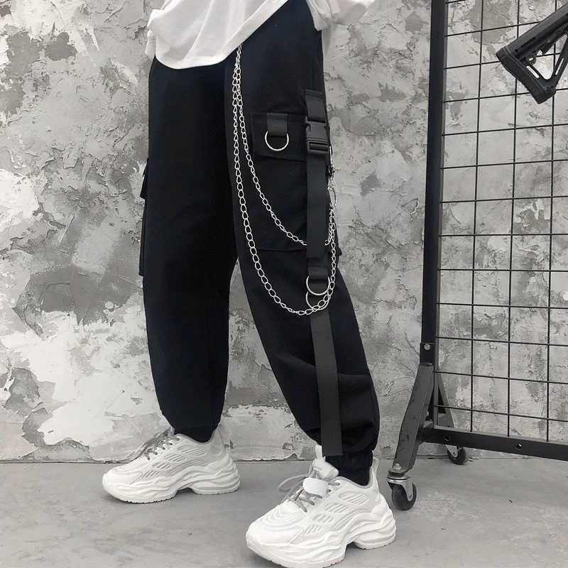 Pantalones de Harem para mujer, prenda informal femenina, con bolsillos laterales, estilo Hip Hop, color blanco negro _ AliExpress Mobile