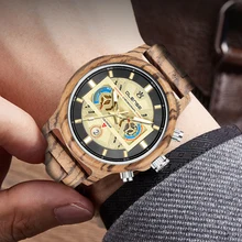 Olense relojes deportivos multifuncionales de madera para hombre, pulsera de cuarzo con espejo Hardlex, luminosos, con calendario, cronómetro
