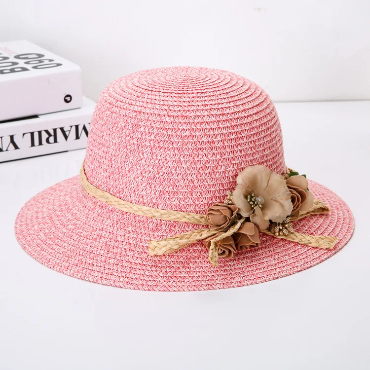 Hat girl summer straw hat Korean version sunshade hat Flower Beach Sun Hat sunscreen folding cool hat - Цвет: Розовый