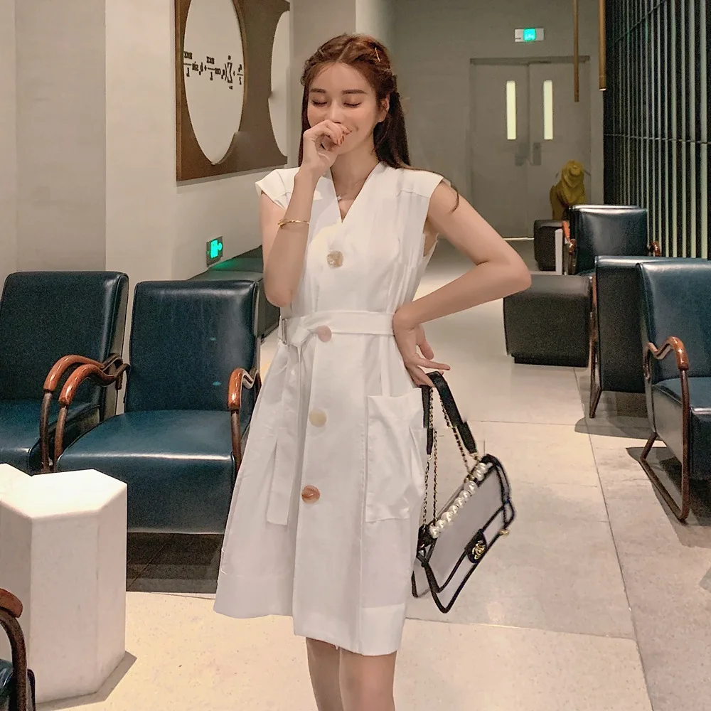 

France Non-mainstream Skirt 2019 Summer New Style WOMEN'S Dress French Retro Laziness-Style Mid-length Single Breasted Dress