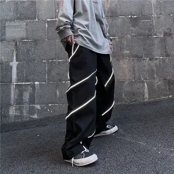 

2020 Autumn New Man's Irregular Reflective High Street Sports Trousers Loose Straight Leg Casual Pants M-XL