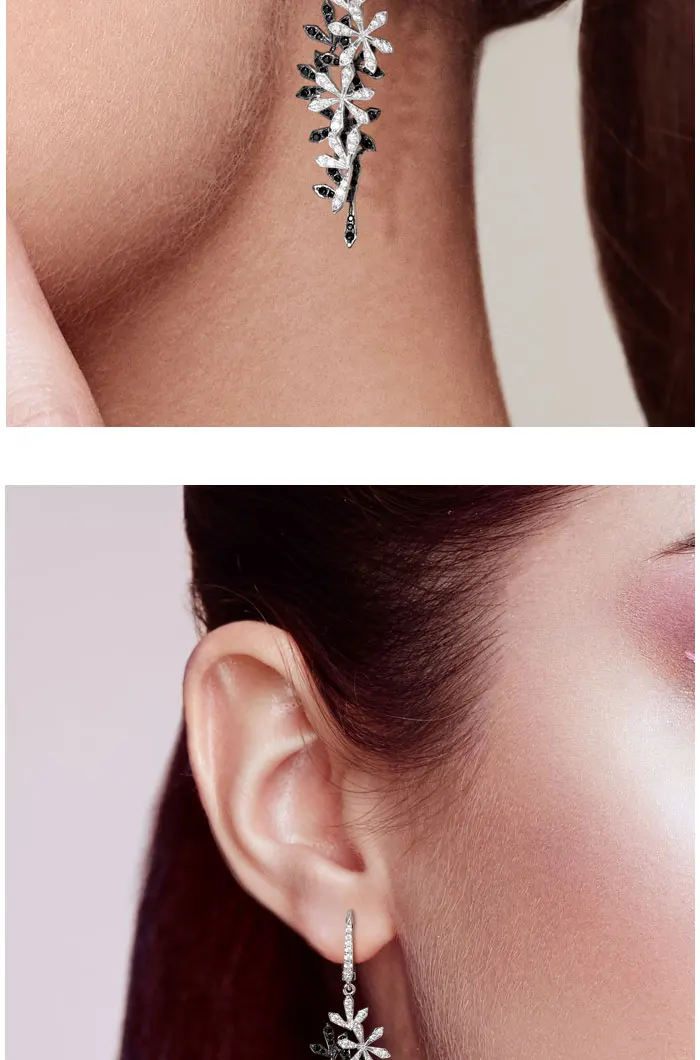 SANTUZZA Silver Drop Earrings For Woman 925 Sterling Silver Black Spinel White Cubic Zirconia Flowers Classical Fine Jewelry