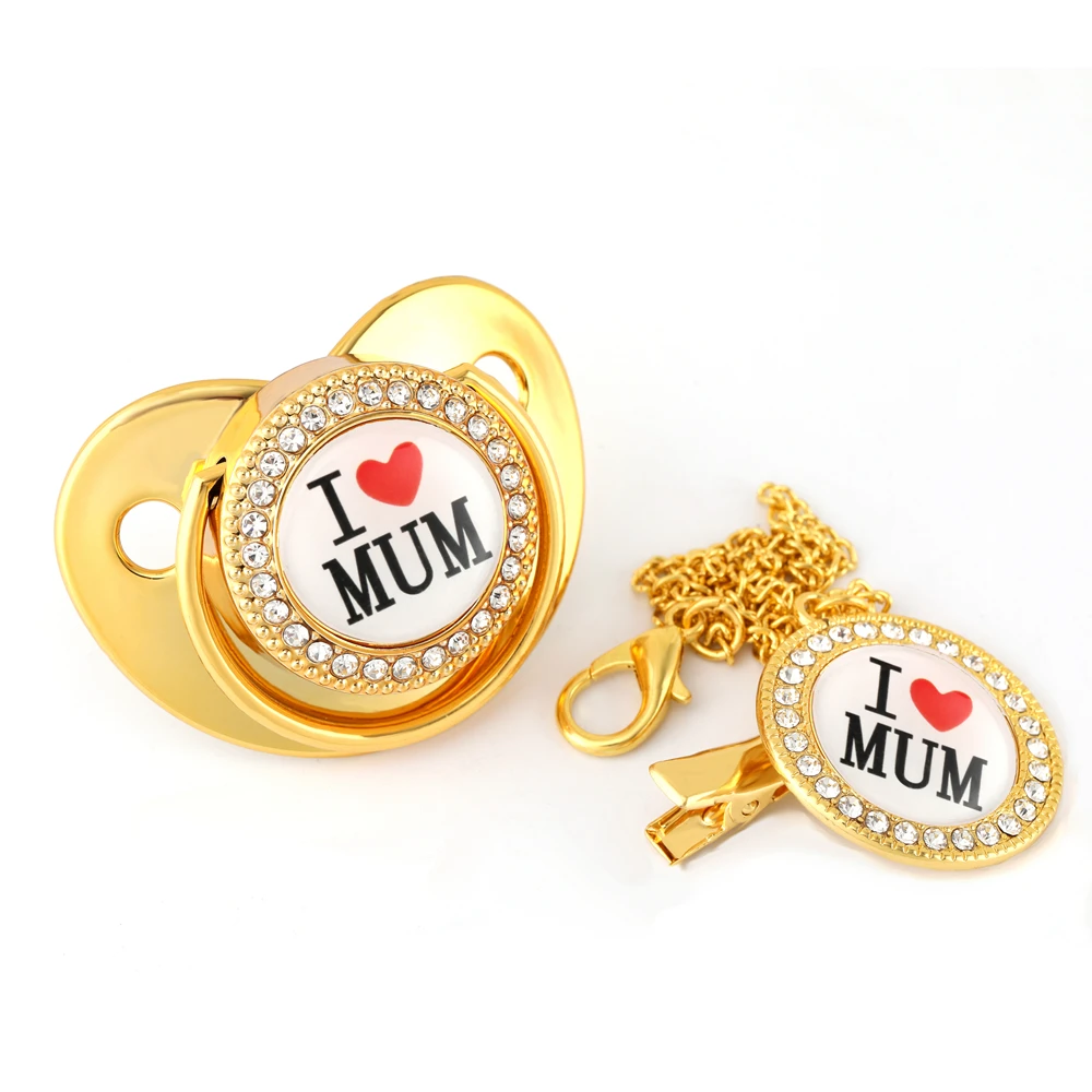 Luxury Golden I Love Mum Bling Pacifier with Chain Clip Newborn Baby Boy Girl Dummy Nipples Food Grade Silicone Pacifier Soother