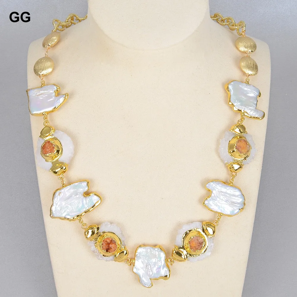 GuaiGuai Jewelry Natural Cultured White Keshi Pearl Slice Orange Druzy 