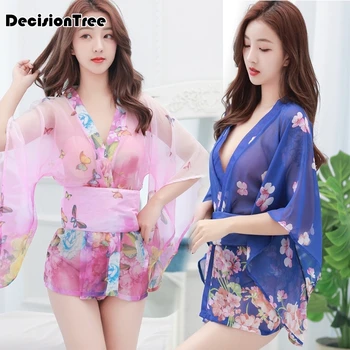 

2020 vintage kimono japones dress yukata japanese style transparent dress with obi clubwear kimonos erotic lingerie kimono dress
