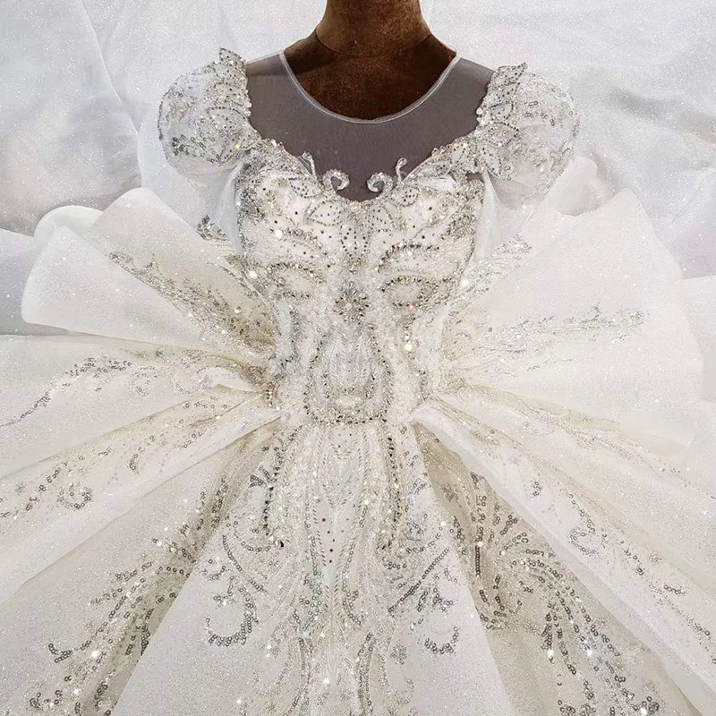 HTL1993 Elegant Extravagant Sequin Crystal Pearls Wedding Dress 2020 O-Neck Short Puff Sleeve Lace Up Back 4