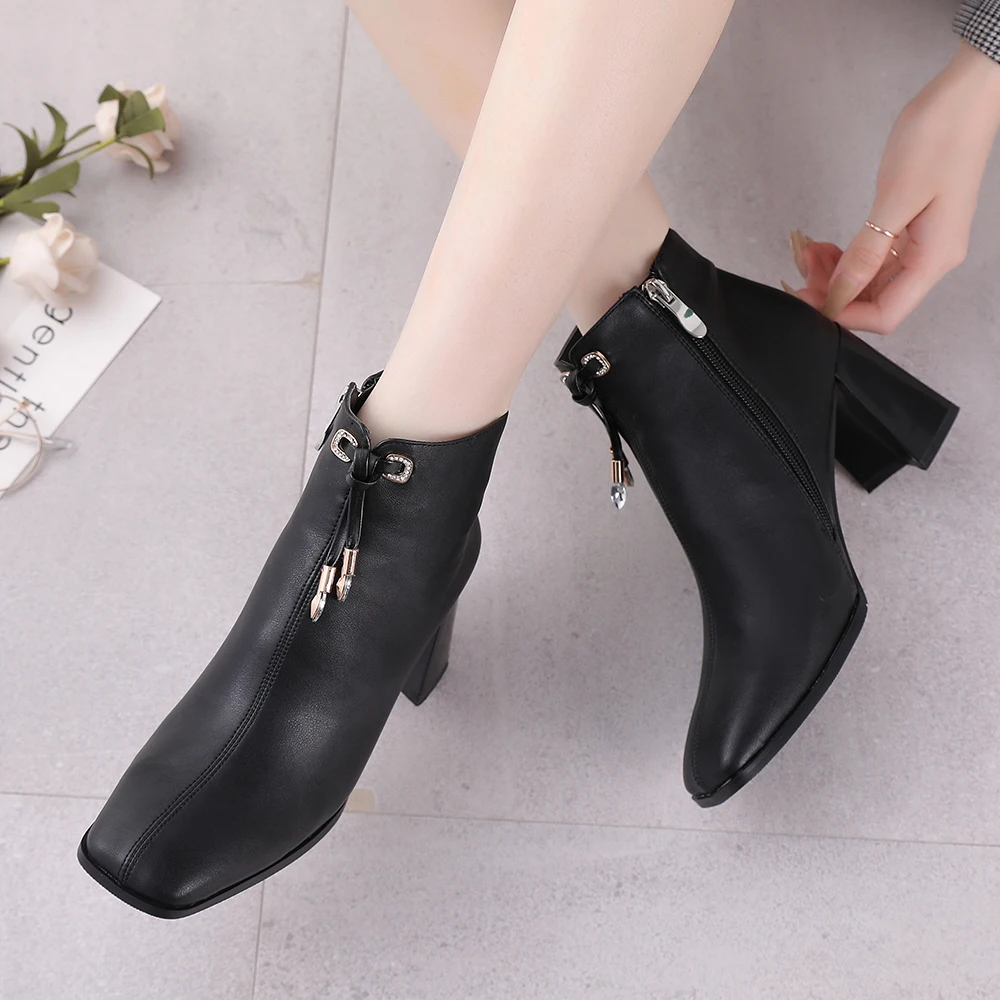 

Fringed Lace Square Toe Chelsea Boots European And American Style Winter 2021 Short Plush New Fashion Women Ankel Boots