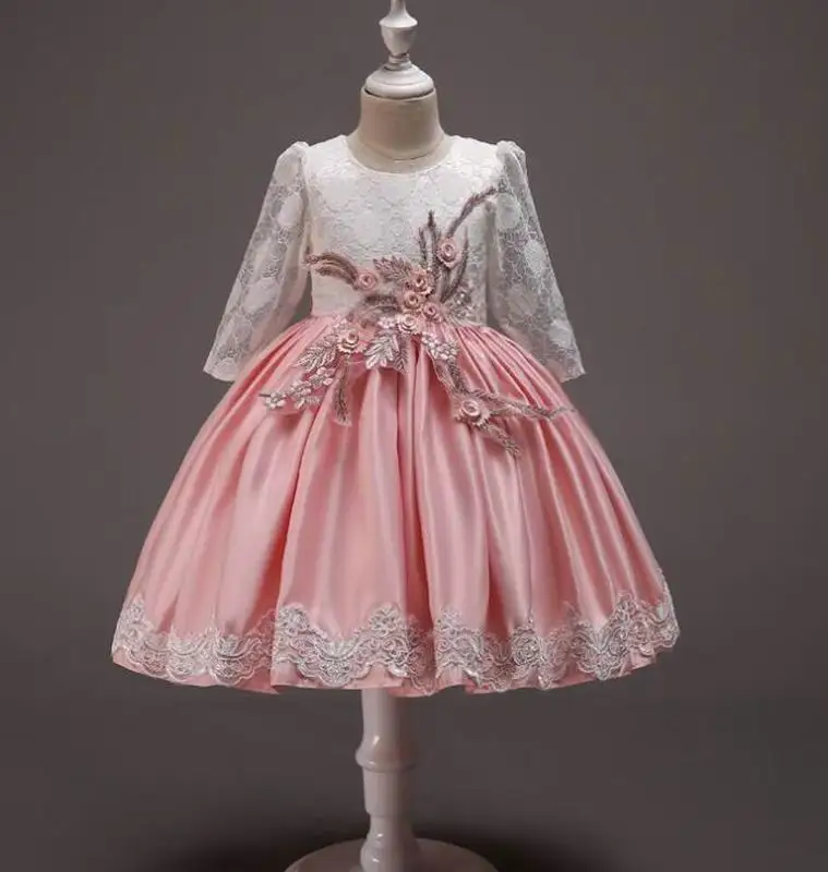 Платья принцессы для девочек; кружевное платье с вышивкой и длинными рукавами для дня рождения; вечерние От 2 до 12 лет; E2093