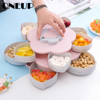 

ONEUP New Creative Double-layer Rotary Storage Box Flower Design Snack Candy Box Fruit Basket Wedding Decoration Organizer Bin