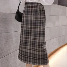

Autumn Winter New Split Hip Skirt Mid-length Retro A-line Plaid Skirt High-waist Woolen Plus Size Thick Skirt SYXBSQ420