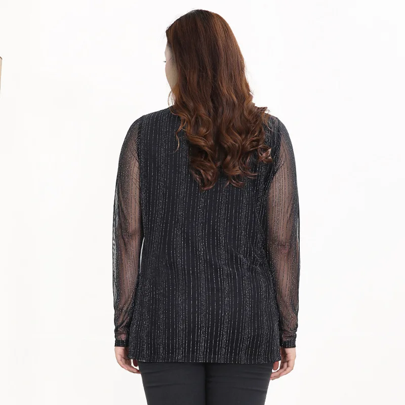 Женская Весенняя футболка с длинными рукавами размера плюс 10XL 8XL 6XL 4XL, женская футболка с круглым вырезом, сетчатый топ в полоску, тонкие футболки для женщин