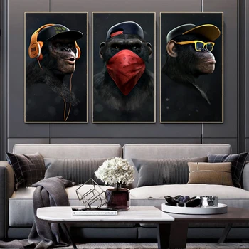 

Animal art posters, interesting thinking chimpanzees wearing fashionable and cool headphones, oil paintings, home decoration