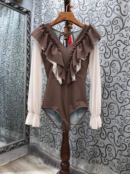 

2020 Early Autumn New Women's V-neck Outdoor Ruffles Color Panel Long Sleeve Jumpsuit 822