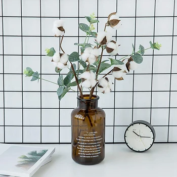 

21 Inch Cotton Stems - 4 Cotton Heads with Eucalyptus Leaves - Natural Cotton Spray Mixed Artificial Eucalyptus, Artificial Deco