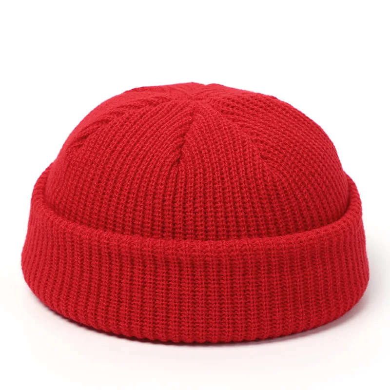 Вязаная шапка мужская, мужская кепка с черепом,шапка женская зимняя теплая ретро кепка без козырьков, мешковатая кепка с дыней, черные манжеты, шапки-бини для мужчин - Цвет: Red