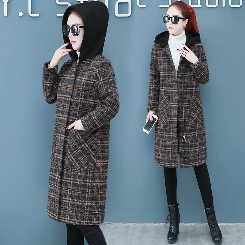 

2019 Winter WOMEN'S Dress Mid-length Retro Plaid Woolen Overcoat Loose-Fit Hooded over-the-Knee Woolen Cloth Padded Coat Fashion