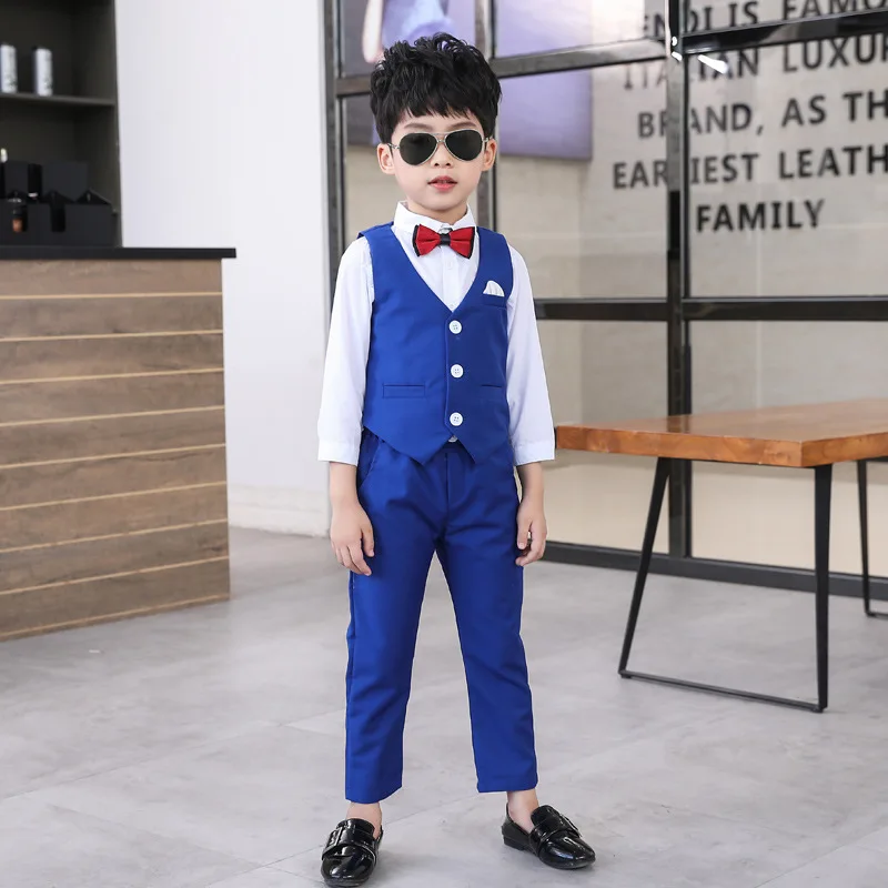 blue vest pants Комплекты с жилетом для мальчиков весенне-осенний Детский костюм для дня рождения в британском стиле с изображением рояля детский жилет, рубашки и штаны, комплекты одежды - Цвет: blue vest pants