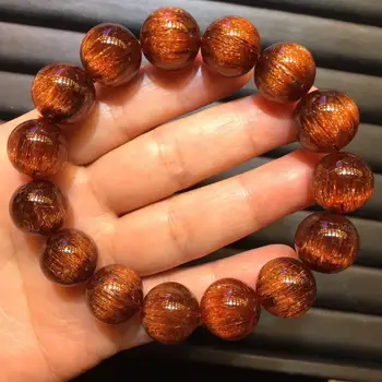 

15mm Natural Copper Rutilated Quartz Bracelet Stretch Round Beads Cat Eye Bracelet Gemstone Jewelry AAAAA