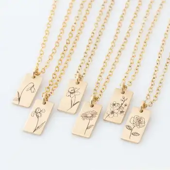 

Delicate Rectangle Birth Flowers Pendant Necklace Carnation Rose Charms Layering Necklace For Female Girls Birthday Jewelry Gift