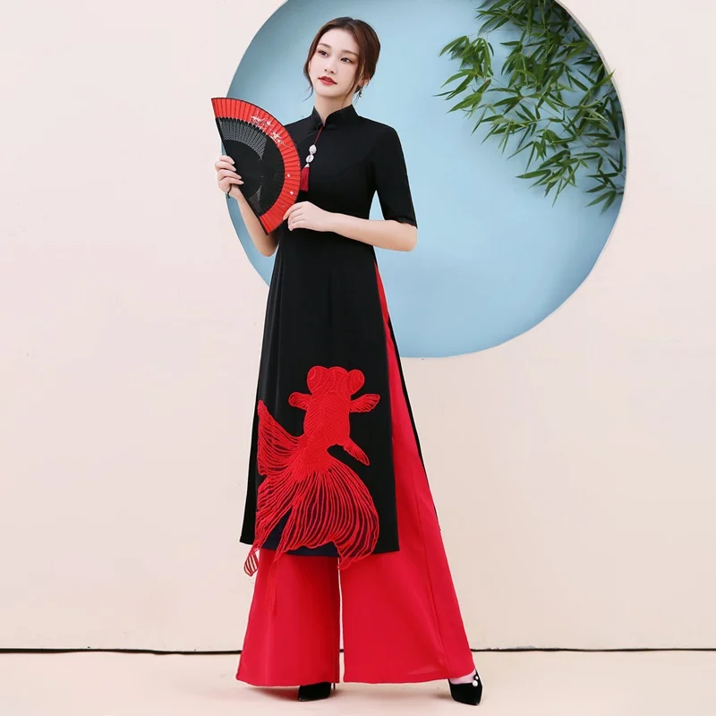中国風の服女性アオザイドレスチャイナロングトップ + ワイド脚パンツ