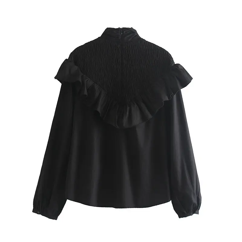 Tanie Kobiety high street łuk kołnierz kaskadowe ruffles casual bluza bluzka z krótkim rękawem rękaw damski poszerzany typu lantern elastyczne czarne blusas topy LS4148