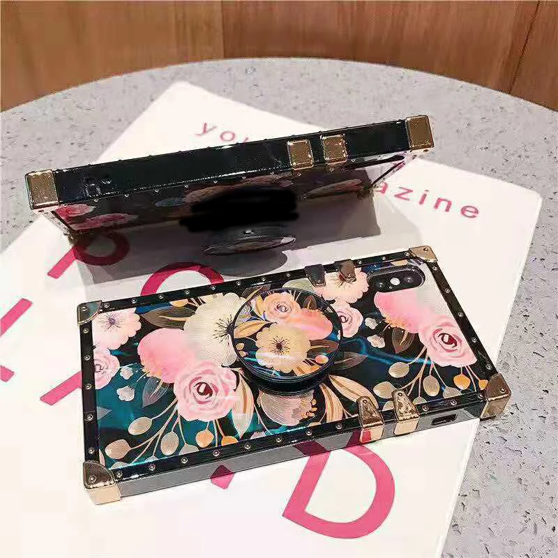 Luxury Blue Ray Flower Rose Square Silicone Holder Phone Case for iphone XR XS Max X 11 6 s 7 8 plus for samsung S9 S10 Note 10 (7)