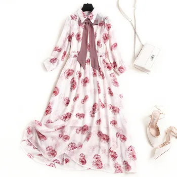 

Women chiffon summer dress new 2020 spring 3/4 sleeve a-line turn down collar bow tie scarf elegant midi dresses