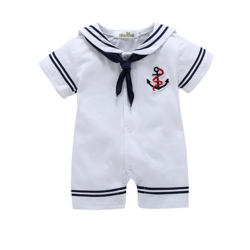 

Super Handsome Short Sleeve Pure Cotton White Navy Sailor Suit Men And Women Baby One-piece BABY'S Jumpsuit Romper Spring And Au