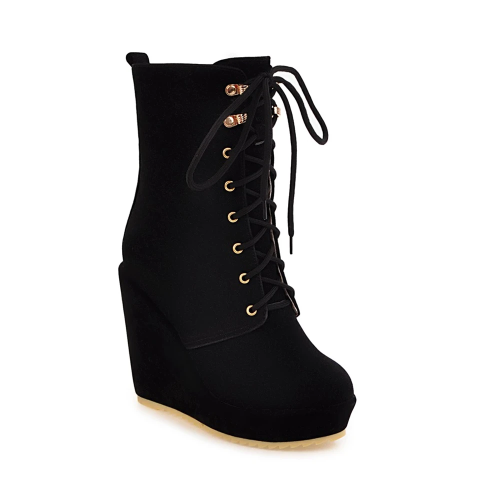 Autumn Winter Fashion Women Ankle Boots wedge Lace-up Woman Platform Boots Ladies Shoes Female zapatos de mujer 32 33 43 - Цвет: Black