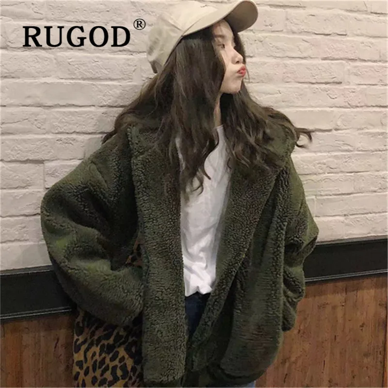 RUGOD корейский стиль Винтаж утолщаются Негабаритных Толстовки на молнии сплошной цвет кашемировое пальто Женская мода