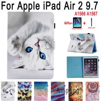 

Cute Cat Case for Apple iPad Air 2 A1566 A1567 Cover Painted Soft Shockproof Smart Auto Wake Sleep Tablet Shell + Film + Pen