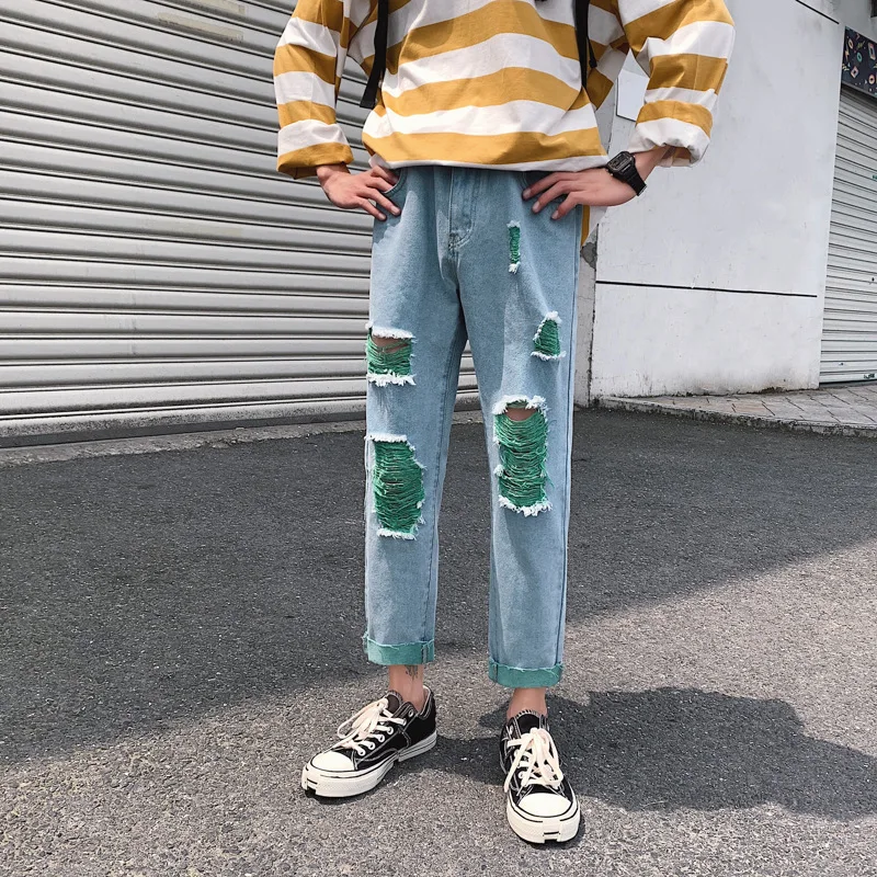 

Large Size 19 Summer Wear Green with Holes Casual Jeans CHIC Korean-style Trend Capri Pants Nk22/