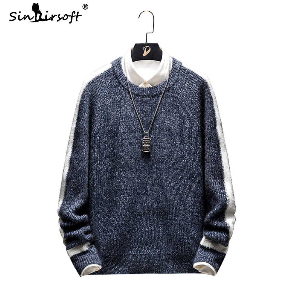 

New Design Side Triped Patchwork Men's Full-length Casual Pullover Sweater Loose Thin Wool Streetwear Autumn Top Clothing Male