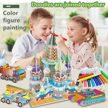 

Pickwoo 3 in 1 3D Three-dimensional Puzzle Vehicle Buildings Architecture Pen Puzzle Sets Educational DIY Toy Gift for Children