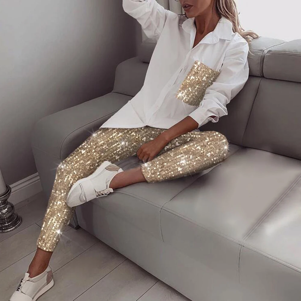 Модный женский комплект рубашка с длинным рукавом и блестящими штанами