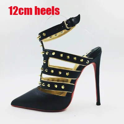 black 12cm Пикантные сандалии-гладиаторы из натуральной кожи для девочек; пикантные женские туфли на шпильке; размеры 34-45 - Цвет: black 12cm