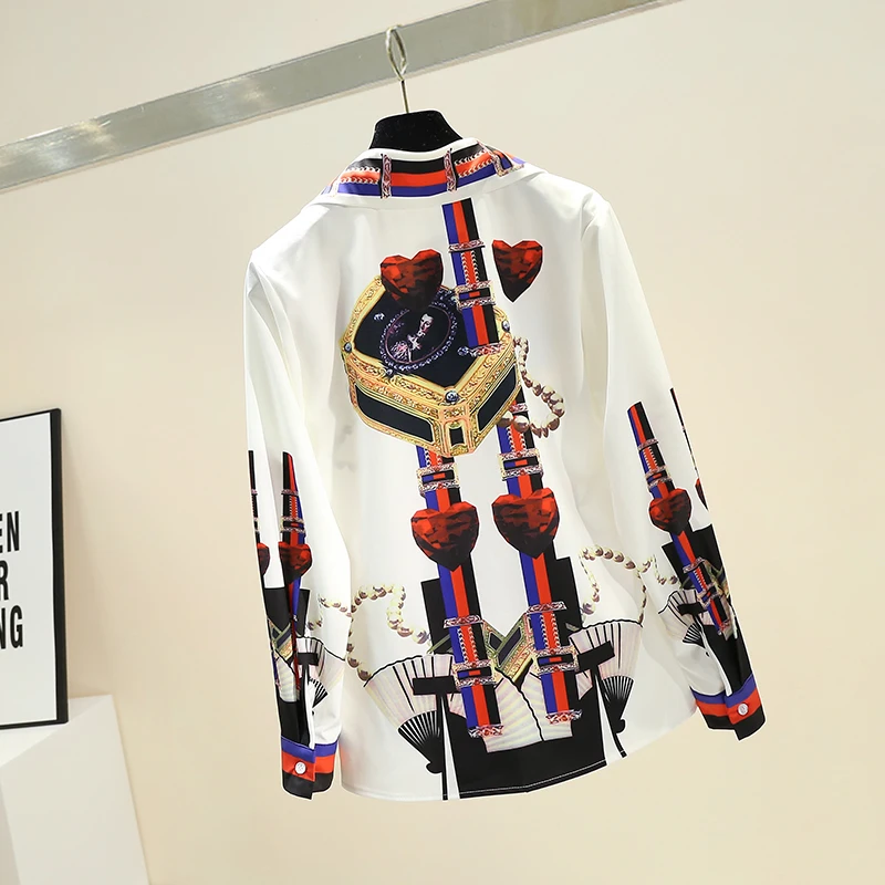2022 Spring New Retro Print Blouse Women Lapel Shirt Woman Long Sleeve Shirt Tops Office Ladies All-match Blouuse Blusas Femme