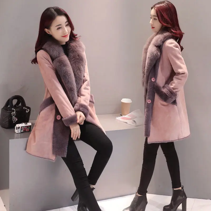 

Fur Collar New Winter Coat Bayan Kaban Fashion Elegant Thick Jacket Women Long Blends Splice Suede Lamb Wool Coat Outwear f1643