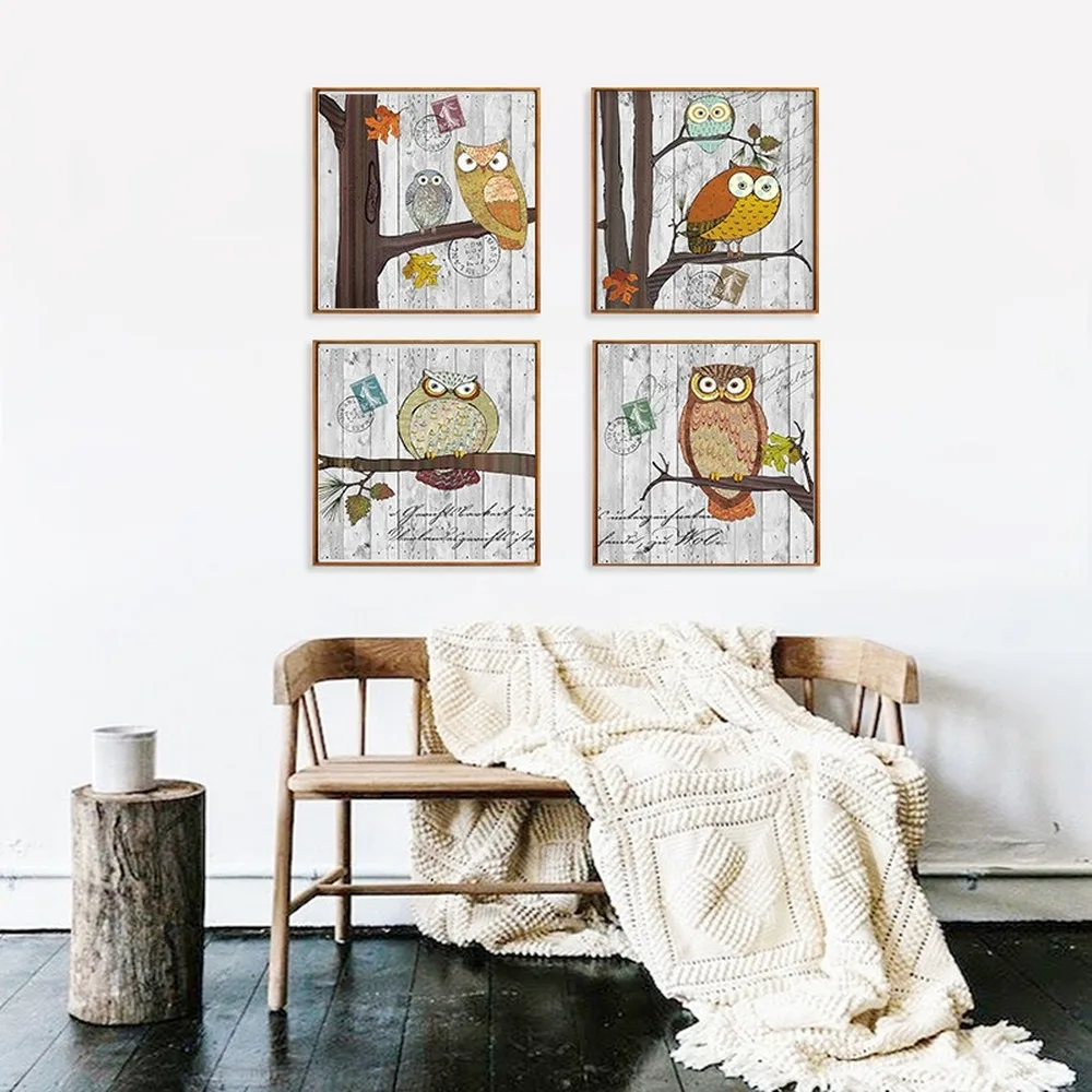 

Retro Owl Canvas Painting Cartoon Animal Posters Cute Children's Room Kindergarten Wall Art Decorative Painting Pictures Quadro