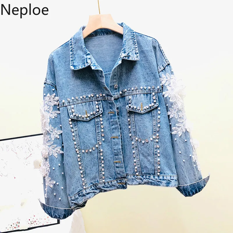 

Neploe 2019 Fashion Appliues 3D Flower Denim Jacket Beading Single Breasted Cowboy Women Loose Autumn Jean Outwear Coat 54068