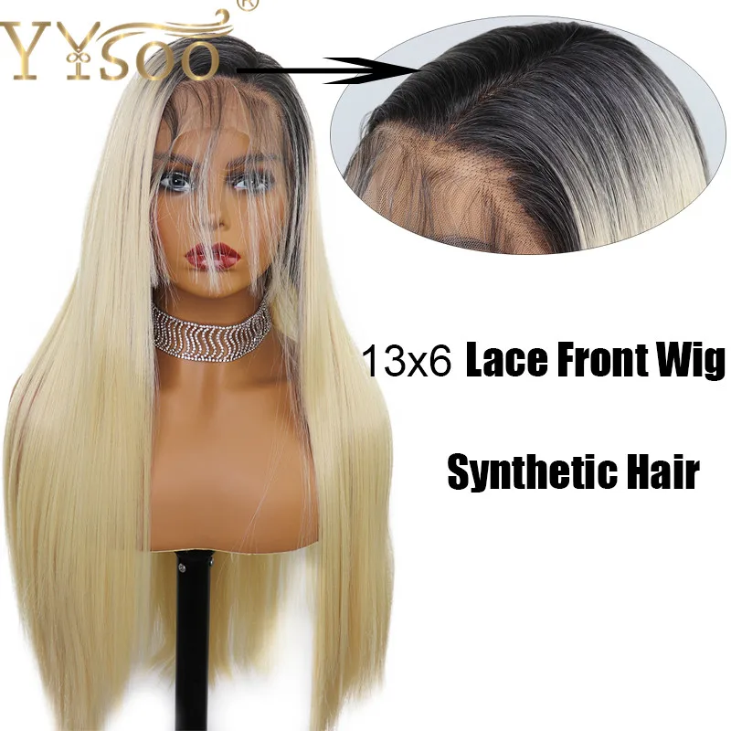 YYsoo, длинные, Омбре, блонд, синтетические парики на кружеве для женщин, 13x6, половина, ручная вязка, жара, темные корни, бесклеевая замена, прямой парик